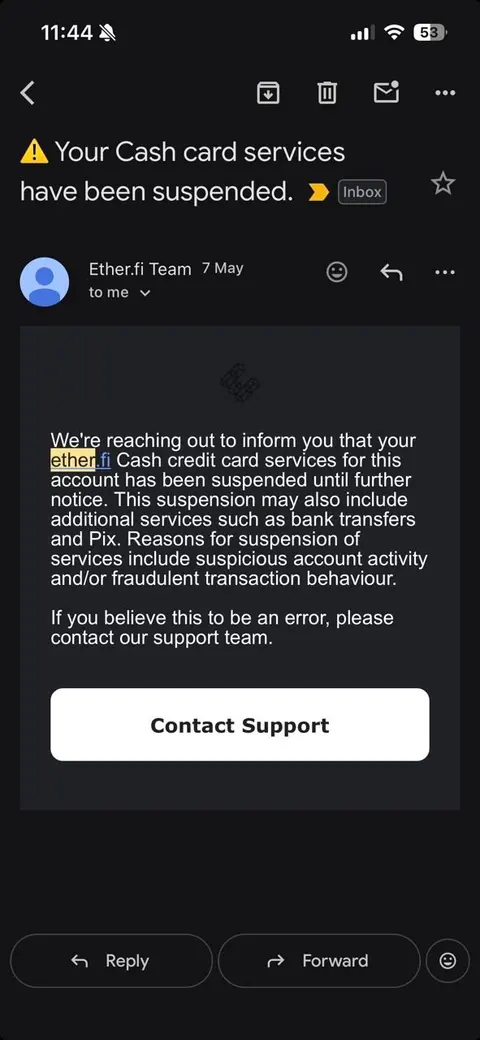 Email stating that Cash card services have been suspended