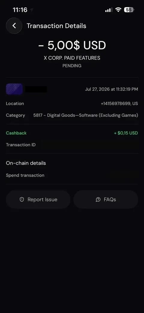 Transaction detail showing a five dollar charge with fifteen cents of cashback