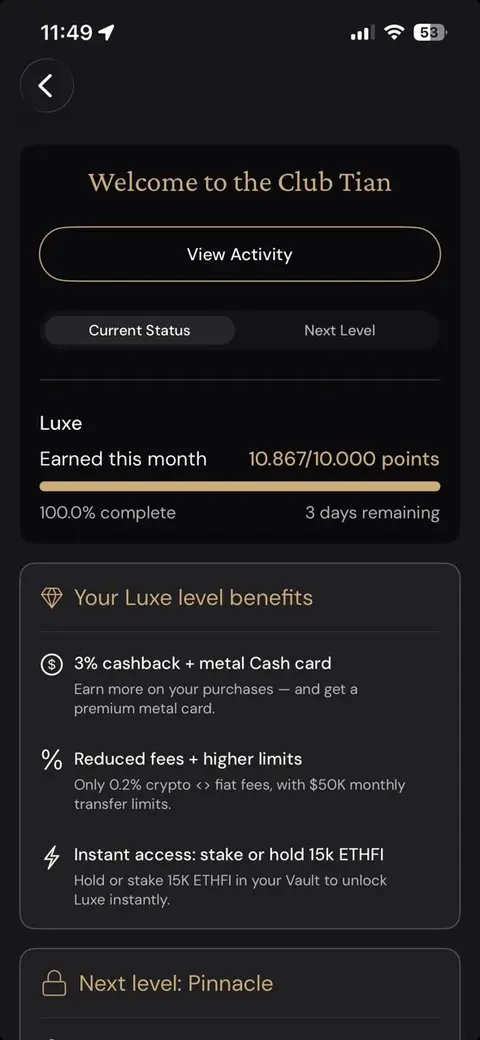 Club Tian screen showing the Luxe tier at 10,867 of 10,000 monthly points