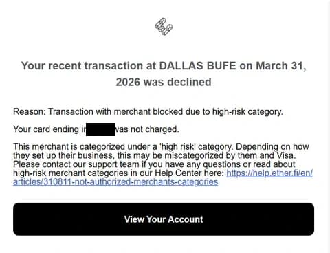 Decline email citing a high-risk merchant category