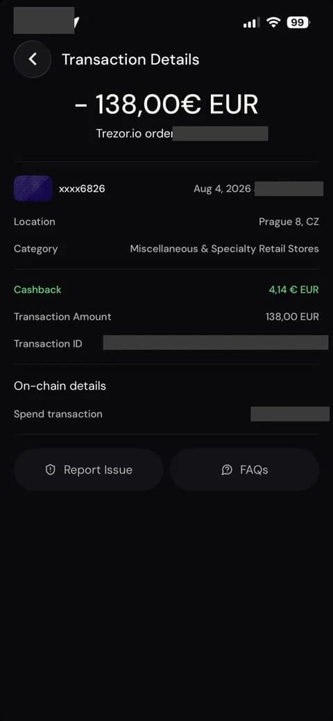 Transaction detail for a 138 euro purchase showing 4.14 euro of cashback