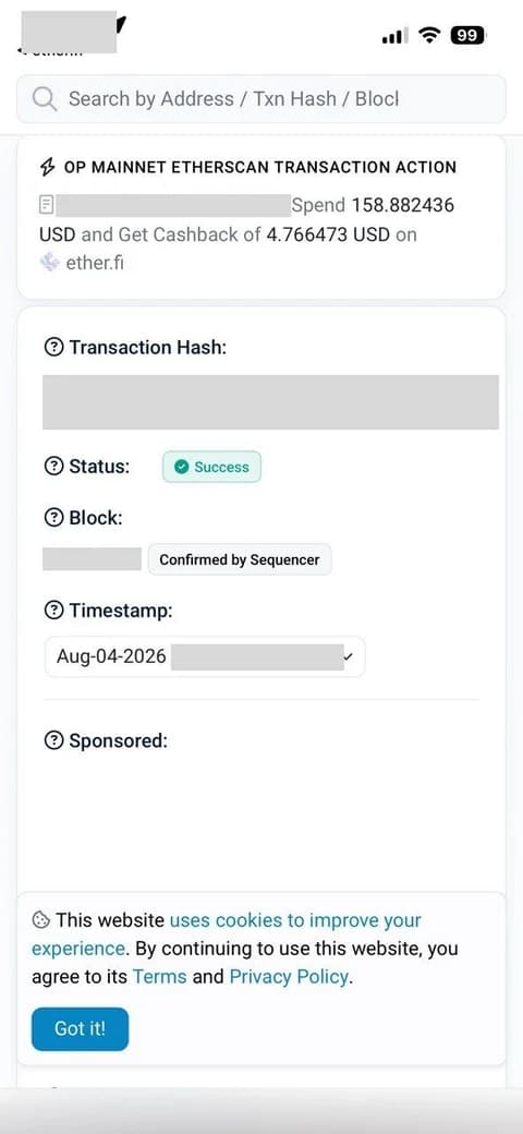 Block explorer record showing a spend of 158.882436 dollars with 4.766473 dollars of cashback