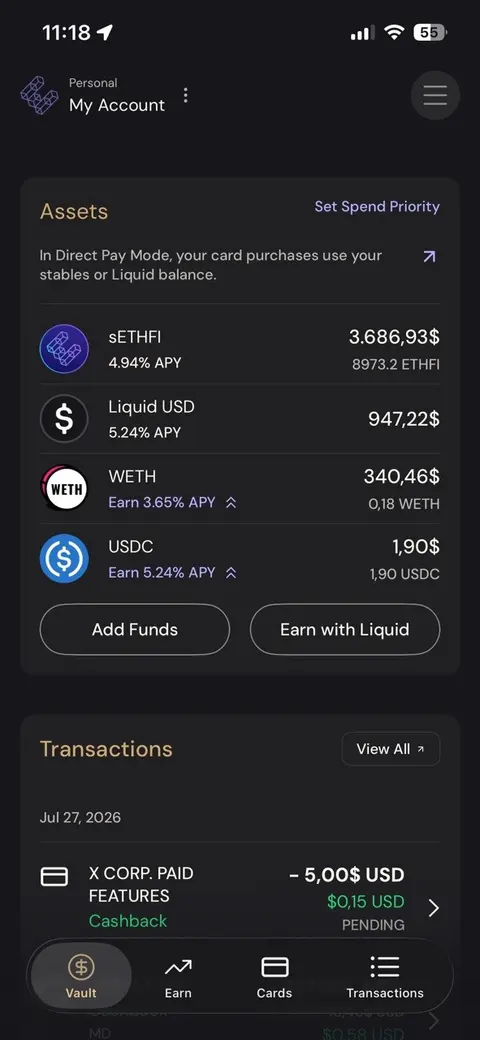 Vault screen showing Direct Pay Mode and yield-bearing balances