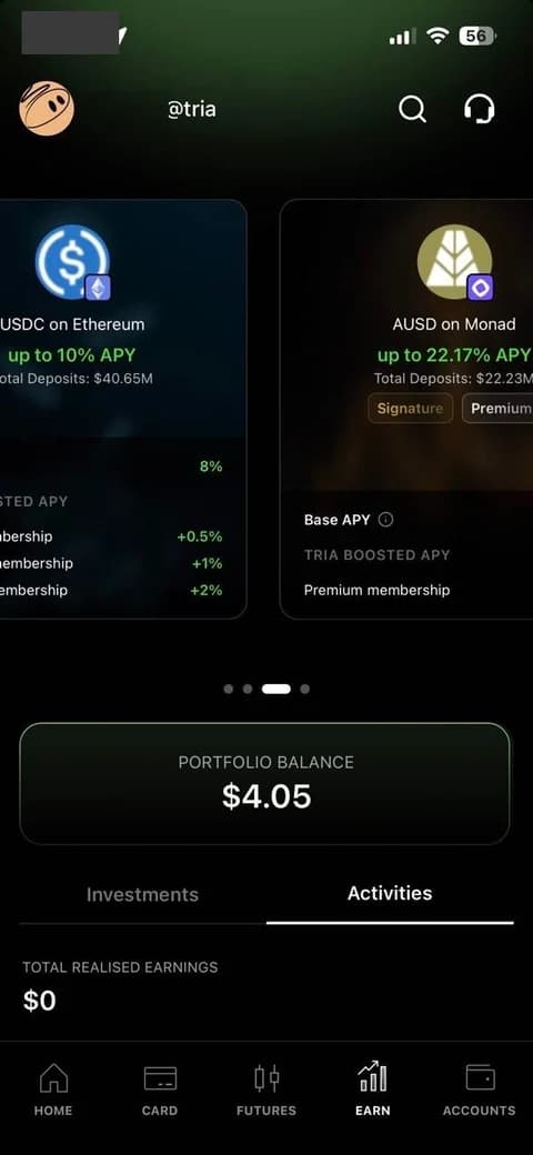 Earn tiles advertising up to 10% APY on USDC and up to 22.17% on AUSD