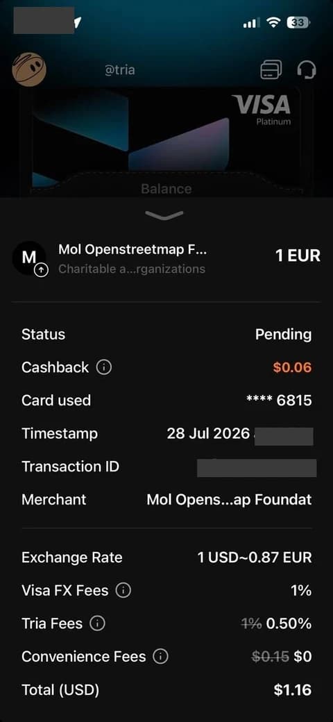 Transaction detail for a one euro purchase, itemising exchange rate and every fee