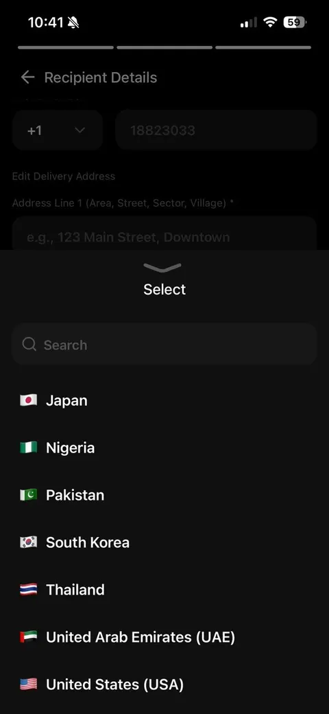 Delivery address form with a short list of shipping countries
