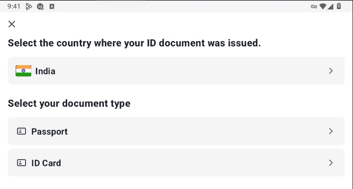 E Money Network's Sumsub document step with India as the issuing country and passport or ID card as the document types