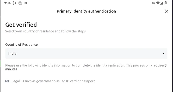 UPay's identity verification screen with India selected in the Country of Residence dropdown