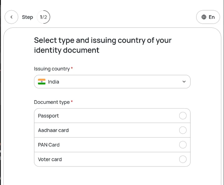 Zypto's Sumsub verification step with India as the issuing country and four document types: passport, Aadhaar card, PAN card, and voter card