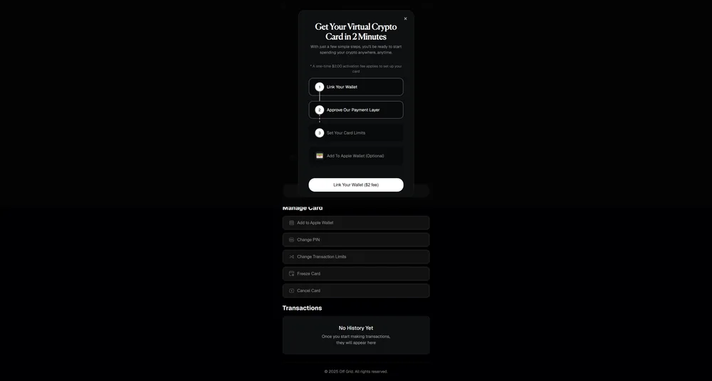 The clone dashboard: a one-time $2.00 activation fee, then numbered steps Link Your Wallet, Approve Our Payment Layer, Set Your Card Limits, and a Link Your Wallet ($2 fee) button.