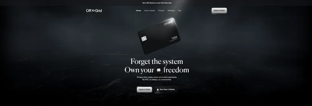 The clone homepage at offgridcash.com: the same dark layout and Forget the system headline as the real site, with a $10 bonus banner at the top.