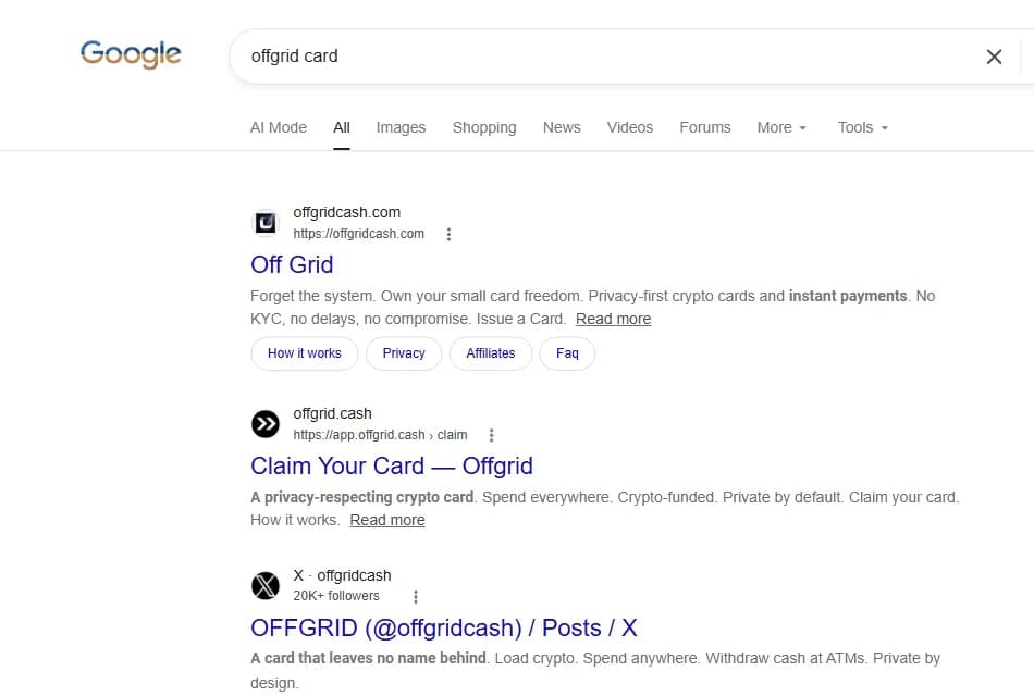 Google results for the query offgrid card: offgridcash.com, the clone, ranks first with sitelinks, above the genuine offgrid.cash claim page and the project's own X account.
