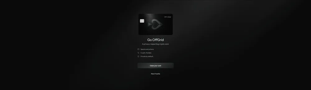 The real OffGrid claim page: a card, the lines Spend everywhere / Crypto-funded / Private by default, and a single Claim your card button. No wallet prompt anywhere.