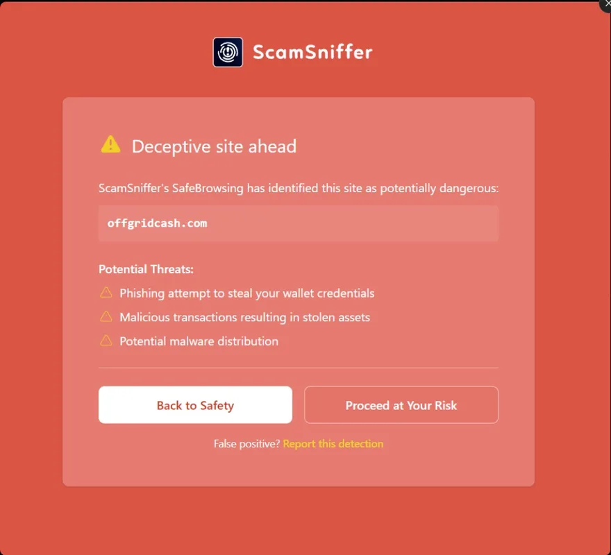 ScamSniffer's SafeBrowsing interstitial for offgridcash.com: a Deceptive site ahead warning listing phishing to steal wallet credentials, malicious transactions resulting in stolen assets, and potential malware distribution.