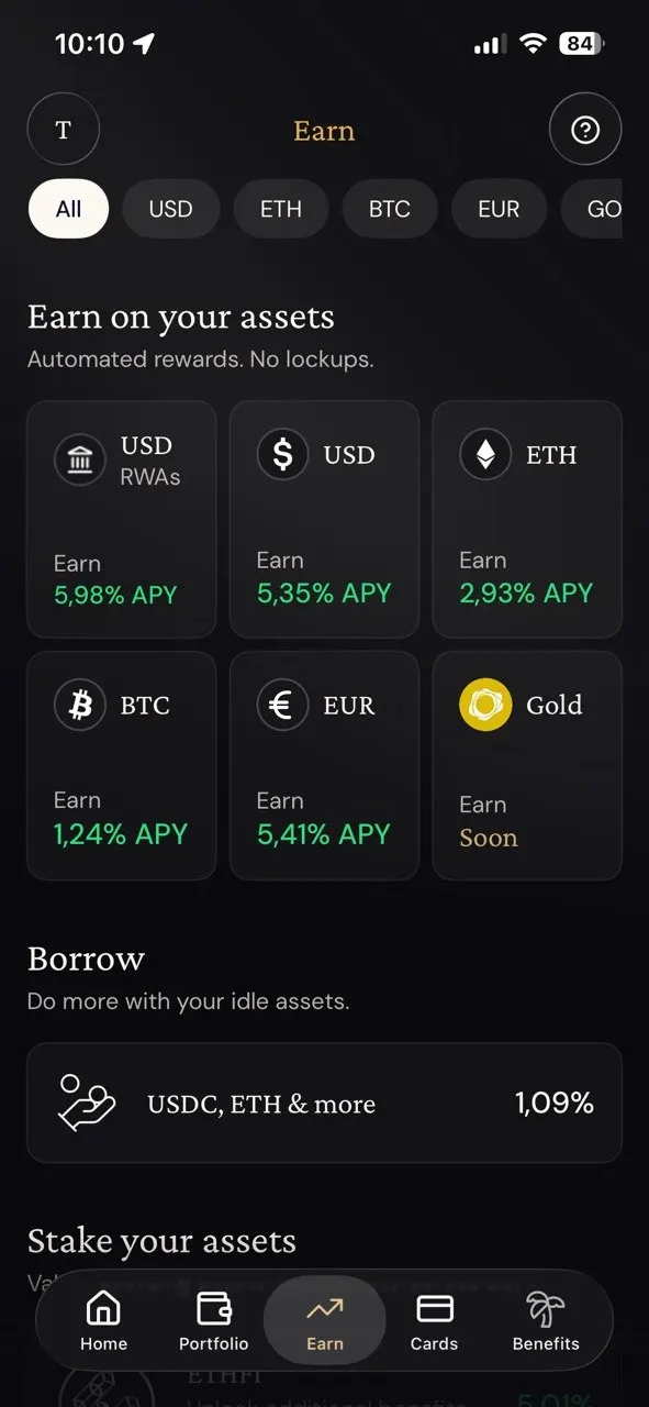 Ether.fi Earn tab on 27 August 2026: USD RWAs 5.98% APY, USD 5.35%, ETH 2.93%, BTC 1.24%, EUR 5.41%, Gold marked Soon, borrow from 1.09%