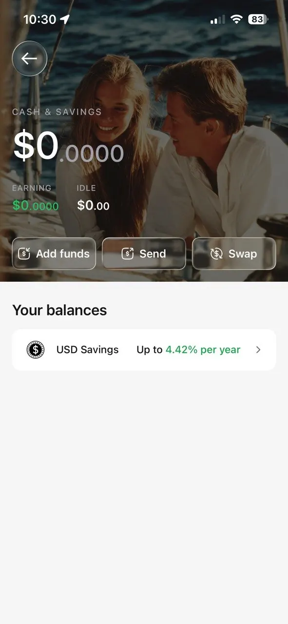 Hyperbeat Cash & Savings screen on 27 August 2026: USD Savings, up to 4.42% per year