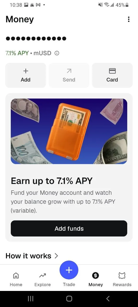 MetaMask Money tab on 27 August 2026: 7.1% APY on mUSD, Earn up to 7.1% APY banner, Add funds button