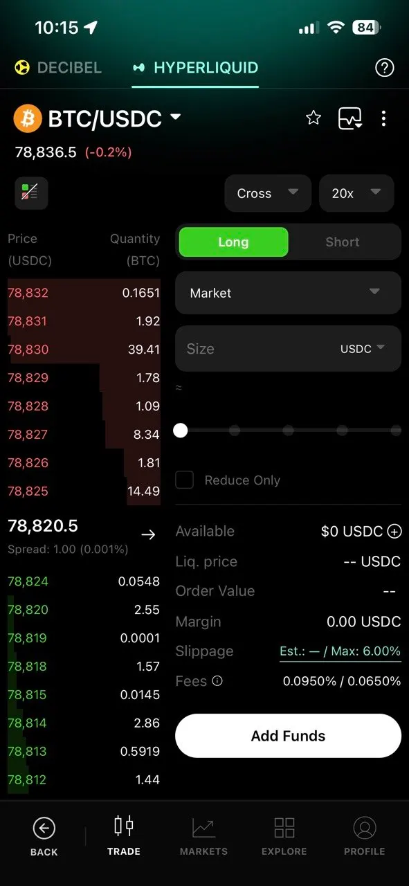 Tria futures terminal on the Hyperliquid tab: BTC/USDC order book, cross margin, 20x leverage, fee line 0.0950% / 0.0650%