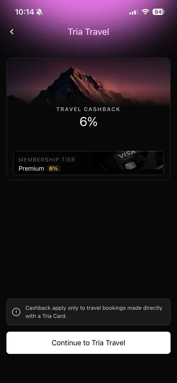 Tria Travel screen: 6% travel cashback on the Premium membership tier, applying only to bookings made directly with a Tria Card