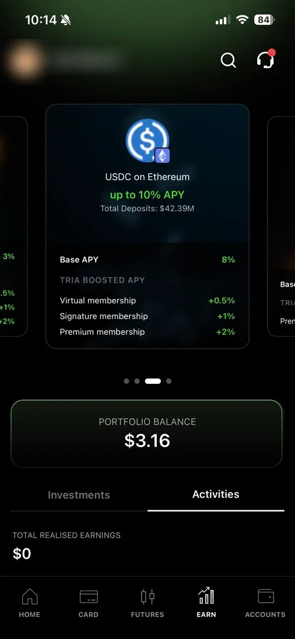 Tria Earn tab: USDC on Ethereum up to 10% APY, base APY 8%, boosts +0.5% Virtual, +1% Signature, +2% Premium, total deposits $42.39M