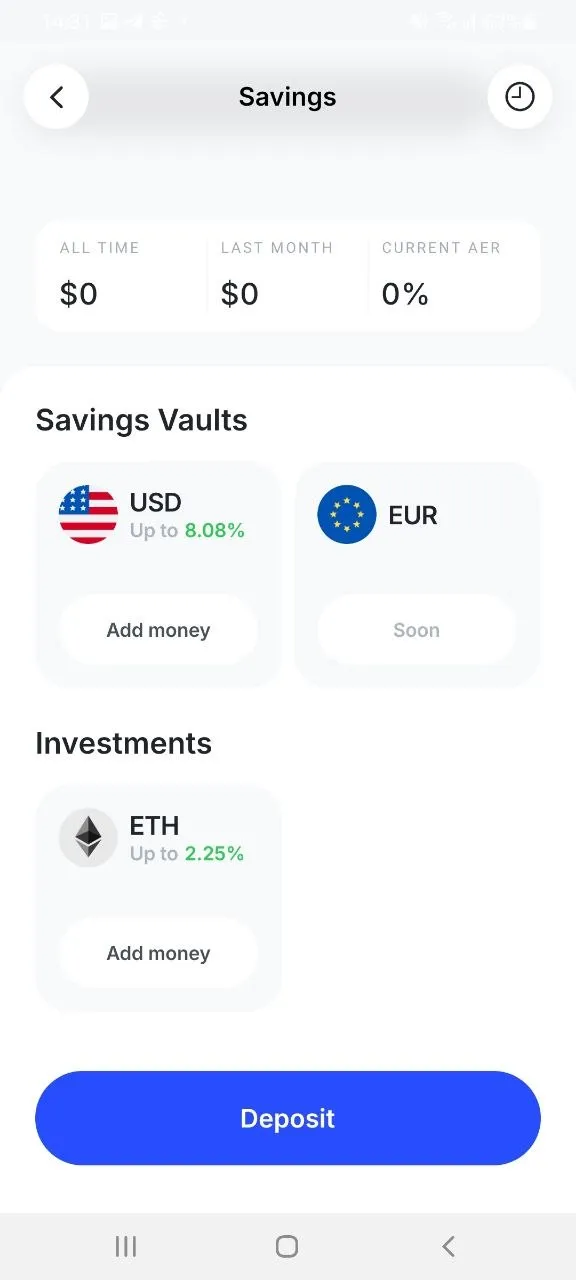 Bleap Savings screen on 3 October 2026: USD vault up to 8.08%, EUR vault Soon, ETH up to 2.25%