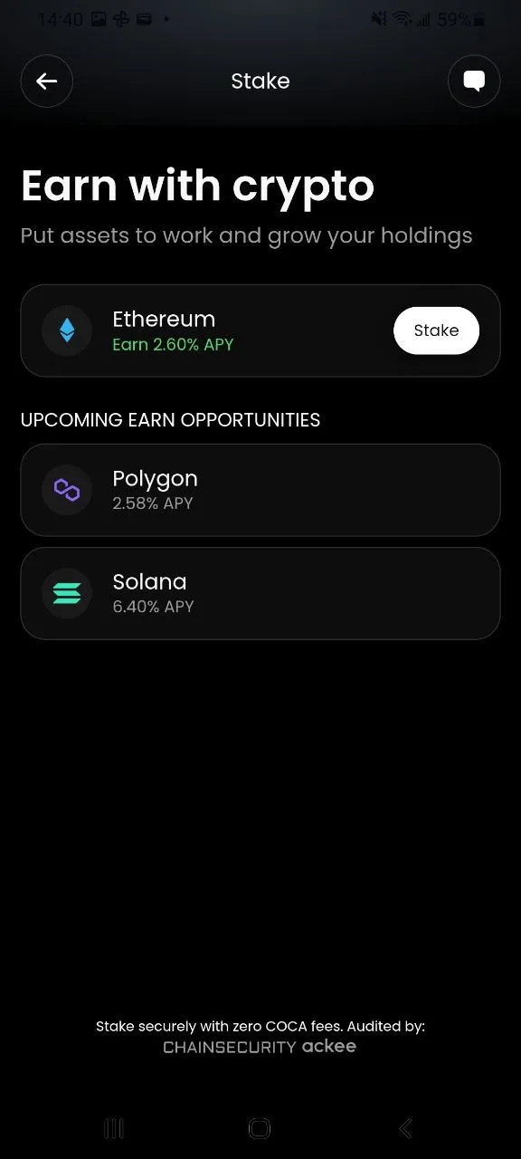 COCA Stake screen on 3 October 2026: Ethereum 2.60% APY, Polygon 2.58% and Solana 6.40% upcoming