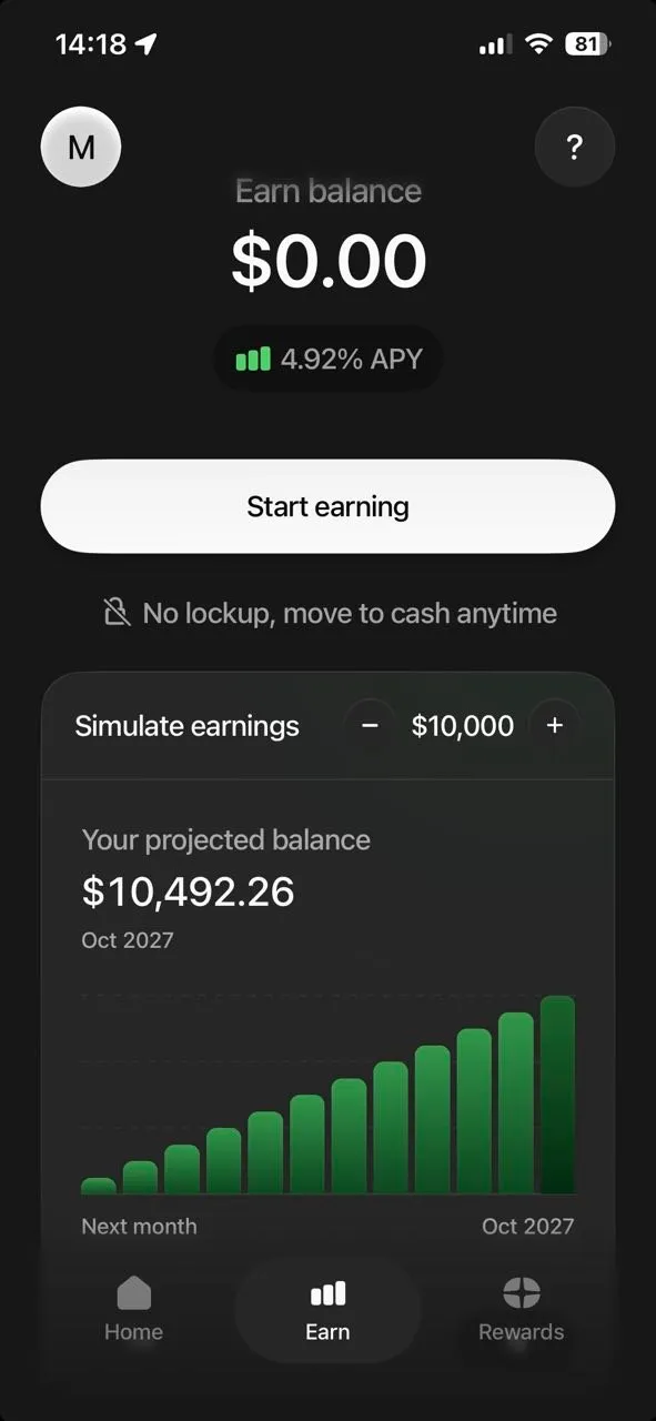 Plasma One Earn screen on 3 October 2026: 4.92% APY, no lockup