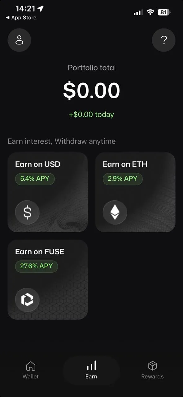 Solid Earn screen on 3 October 2026: Earn on USD 5.4% APY, ETH 2.9%, FUSE 27.6%