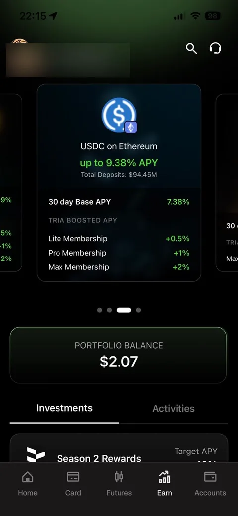 Tria Earn tile for USDC on Ethereum: up to 9.38% APY, 30 day base APY 7.38%, boosts by membership tier