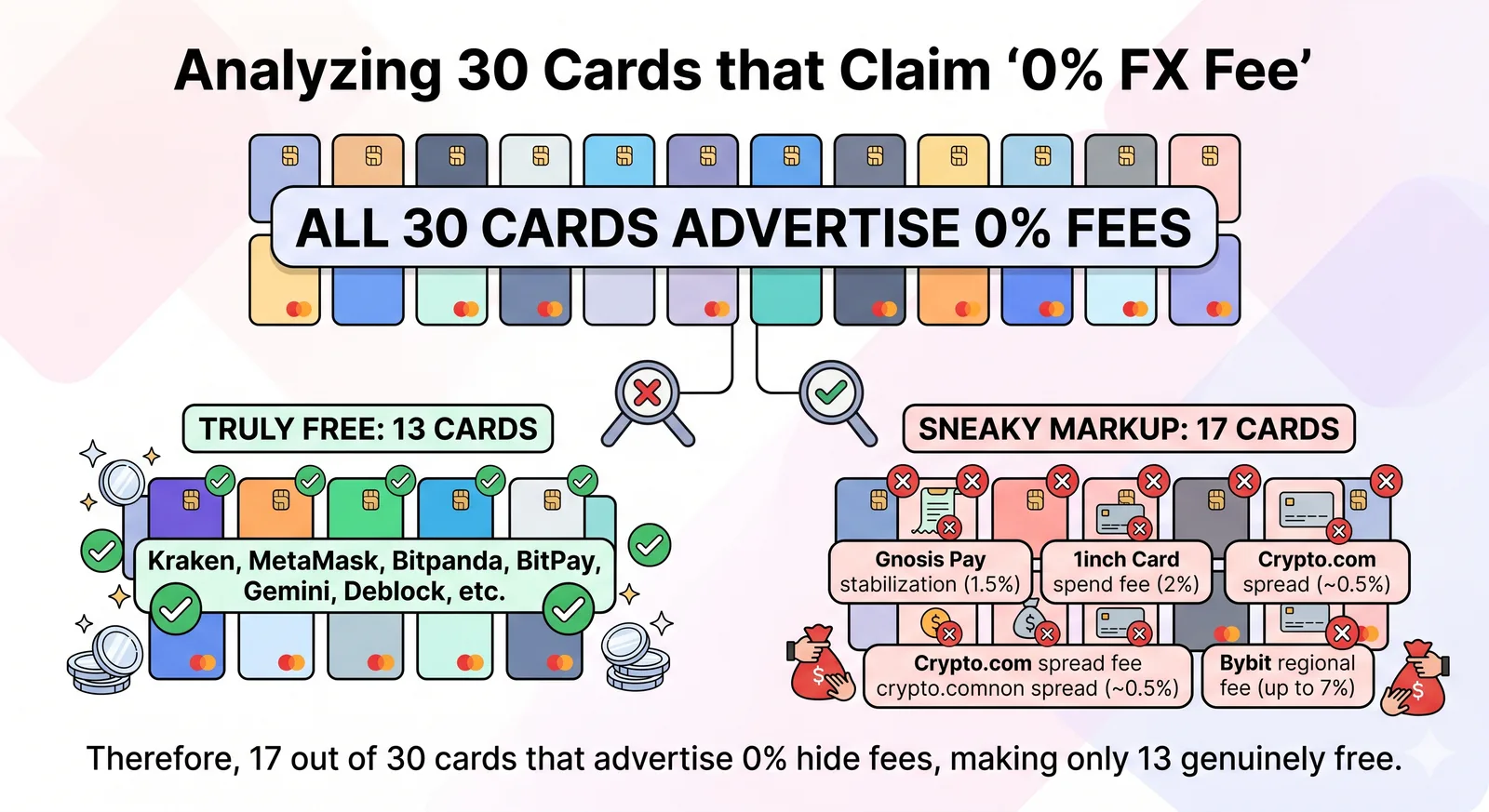 Of the crypto cards that advertise 0% FX fees, a third hide a markup under another name