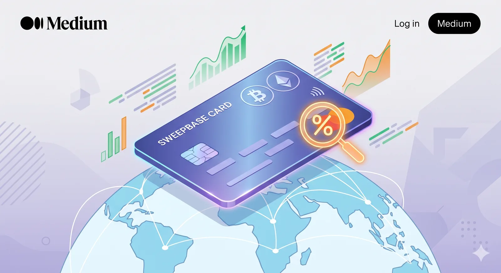Sweepbase crypto card with a magnifying glass over the percent sign, hovering above a connected globe